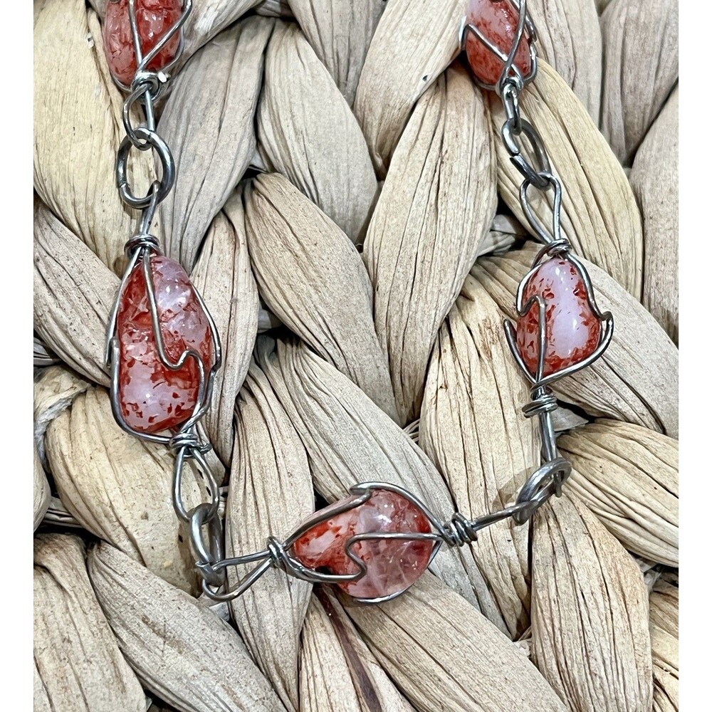 Y2K Vintage Harlequin Quartz Stone 62in Necklace Red Silver Boho Fairy Grunge